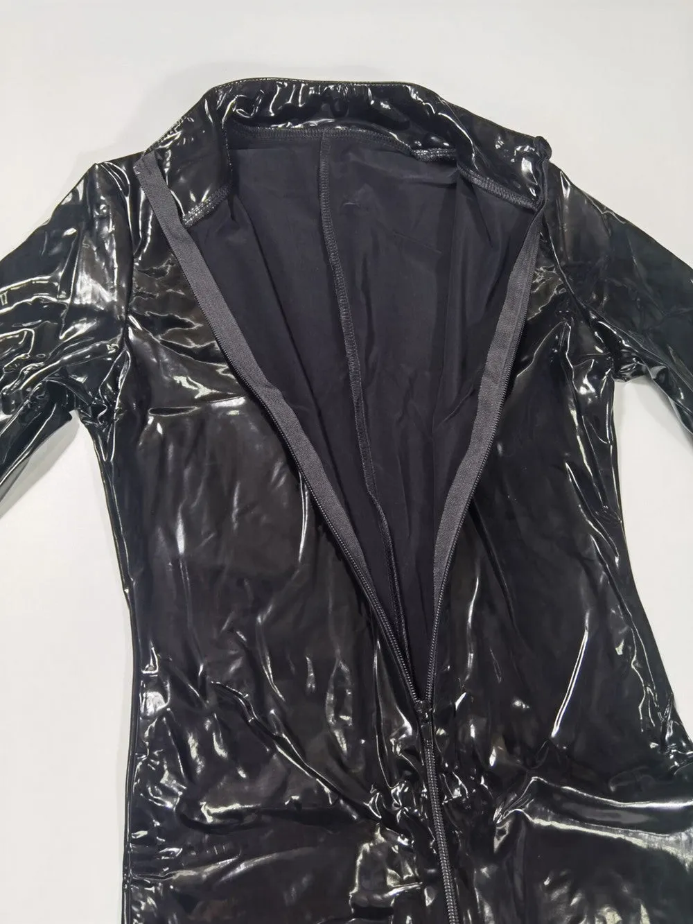 Black Red Wetlook Faux Leather Long Sleeve Pvc Catsuit Front Zipper Open Crotch Stretch Clubwear Overalls Jumpsuit
