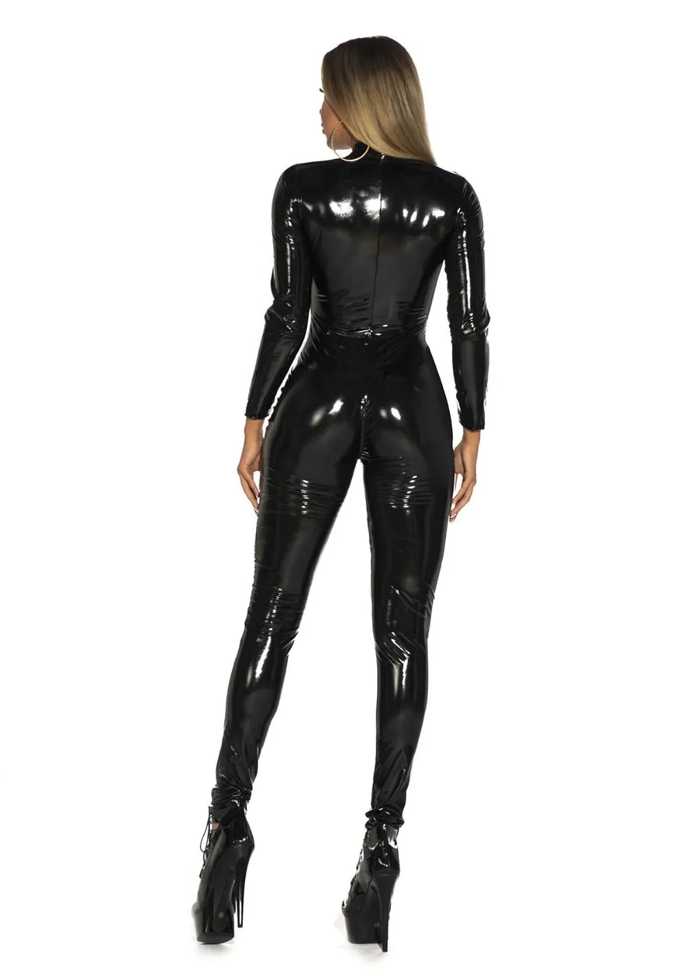 Black Red Wetlook Faux Leather Long Sleeve Pvc Catsuit Front Zipper Open Crotch Stretch Clubwear Overalls Jumpsuit