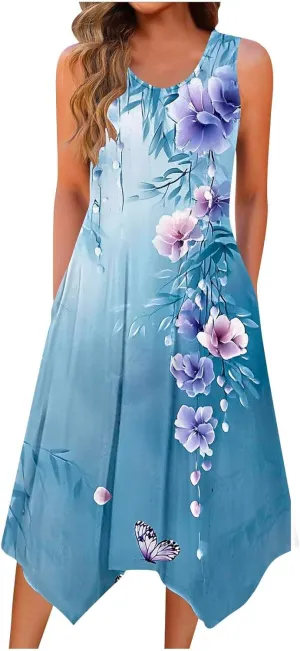 Casual Midi Dresses for Women Print Beach Dress Loose Fit Long Dresses Sleeveless Breach Dress 2025 Summer Dress