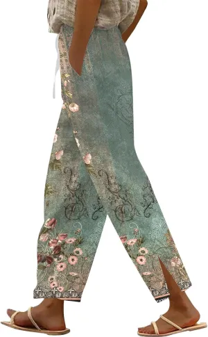 Cotton Linen Pants for Women Summer Elastic Waist Crop Pants Plus Size Straight Leg Slack Casual Trouser with Pockets