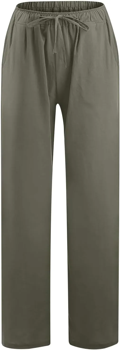 FZYLQY 2 Pcs Women's Linen Pants Casual Wide Leg High Waisted Trousers with Pockets Drawstring Loose Palazzo Lounge Pants