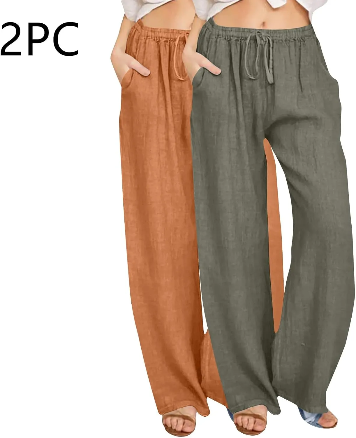 FZYLQY 2 Pcs Women's Linen Pants Casual Wide Leg High Waisted Trousers with Pockets Drawstring Loose Palazzo Lounge Pants