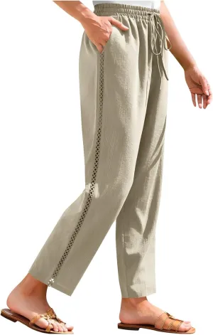FZYLQY Women's Cotton Linen Pants Straight Leg Elastic Drawstring Casual Trousers with Pockets Summer Beach Lounge Pants