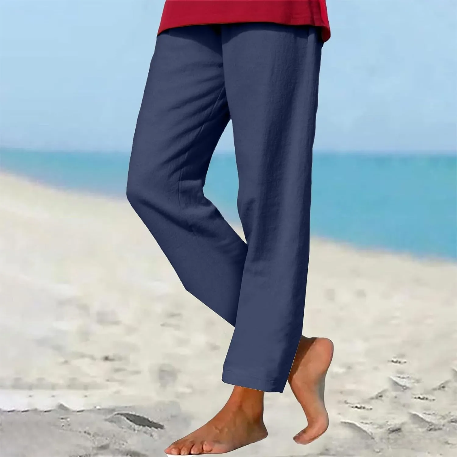 GIERIDUC Linen Pants for Women 2025 Summer High Waist Elastic Wide Leg Lounge Pant Casual Loose Lightweight Beach Trousers