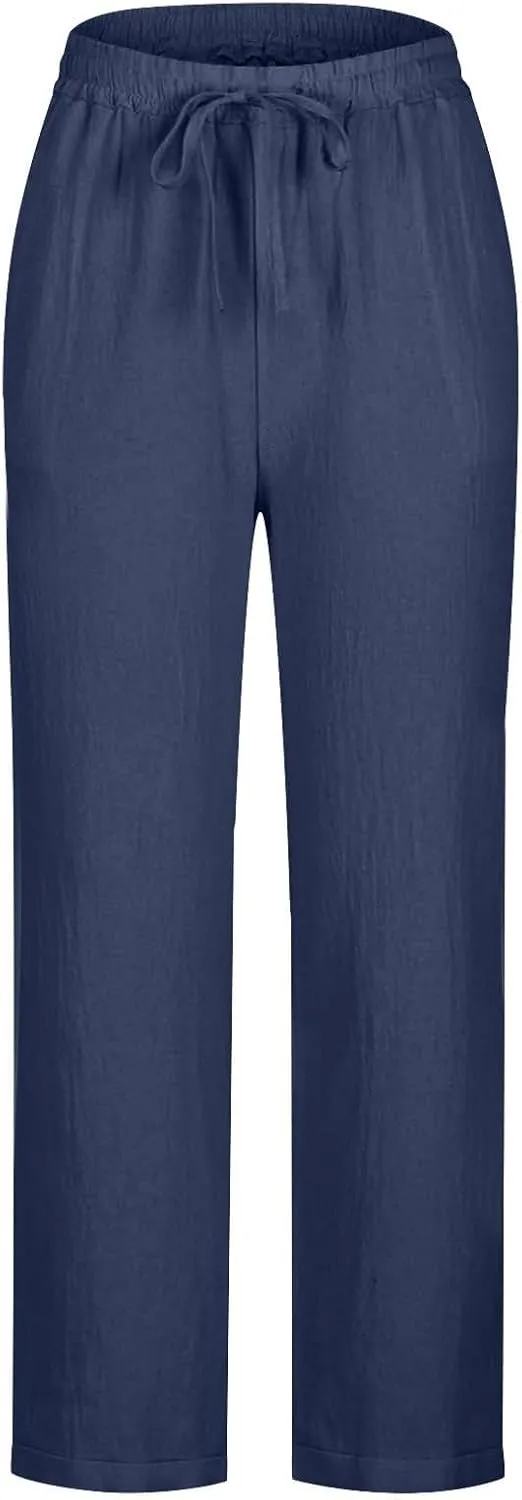 GIERIDUC Linen Pants for Women 2025 Summer High Waist Elastic Wide Leg Lounge Pant Casual Loose Lightweight Beach Trousers
