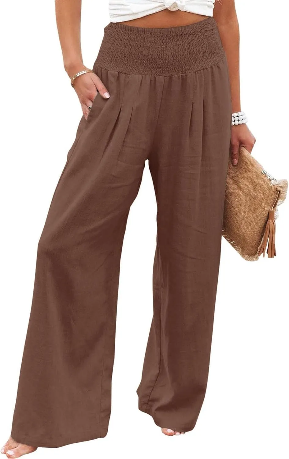 GIERIDUC Women Linen Pants 2025 Summer Casual Loose Wide Leg Palazzo Pant Smocked High Waist Flowy Beach Trousers Resort Wear