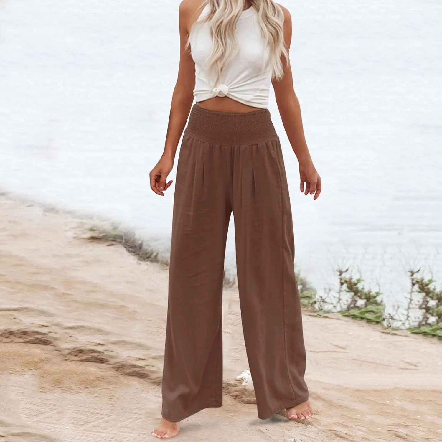 GIERIDUC Women Linen Pants 2025 Summer Casual Loose Wide Leg Palazzo Pant Smocked High Waist Flowy Beach Trousers Resort Wear
