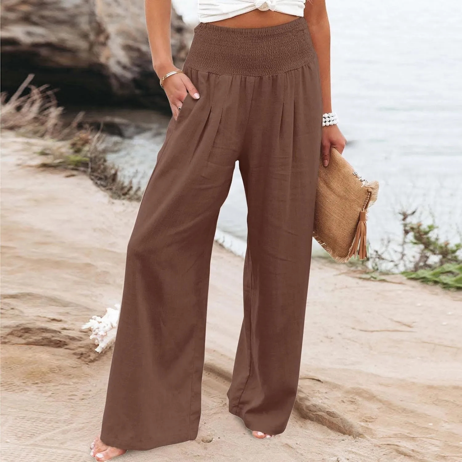 GIERIDUC Women Linen Pants 2025 Summer Casual Loose Wide Leg Palazzo Pant Smocked High Waist Flowy Beach Trousers Resort Wear