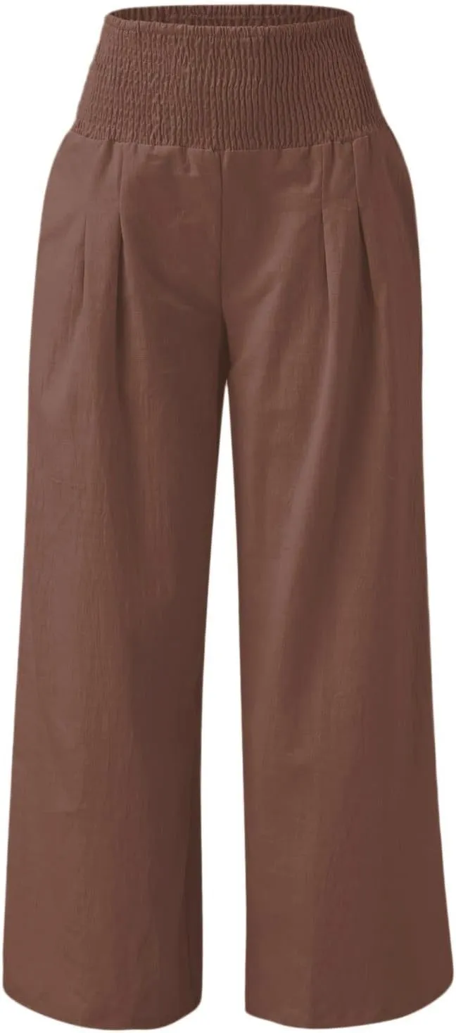 GIERIDUC Women Linen Pants 2025 Summer Casual Loose Wide Leg Palazzo Pant Smocked High Waist Flowy Beach Trousers Resort Wear
