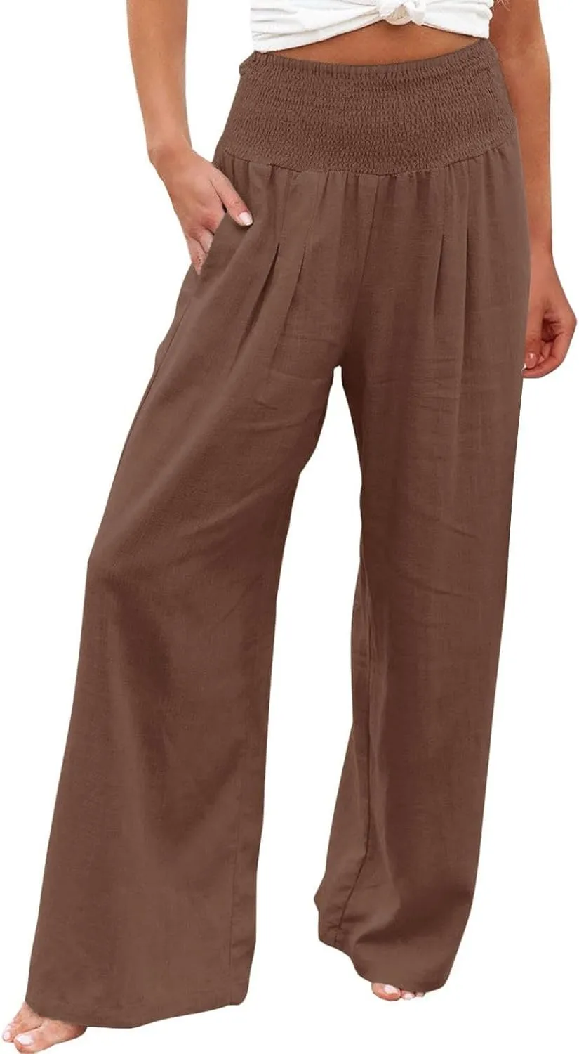 GIERIDUC Women Linen Pants 2025 Summer Casual Loose Wide Leg Palazzo Pant Smocked High Waist Flowy Beach Trousers Resort Wear