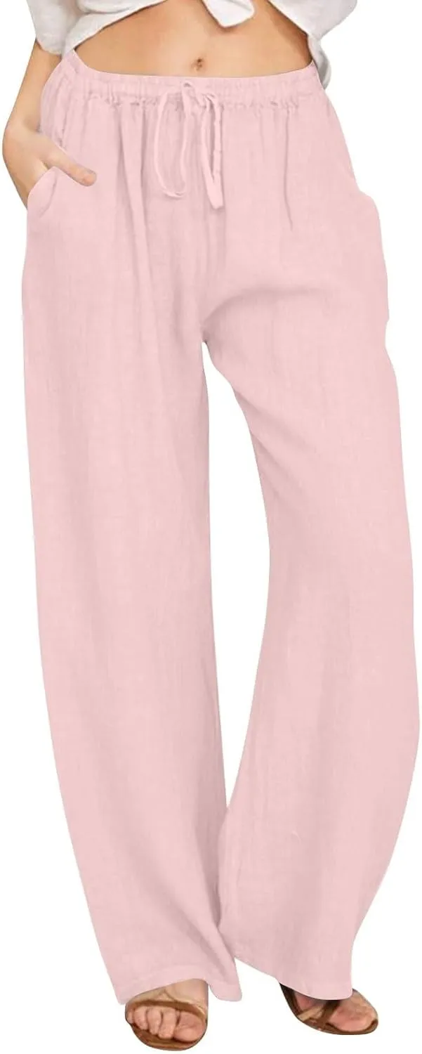 GIERIDUC Women's Summer Cotton Linen Wide Leg Pants Drawstring High Waist Loose Casual Palazzo Flowy Beach Trousers
