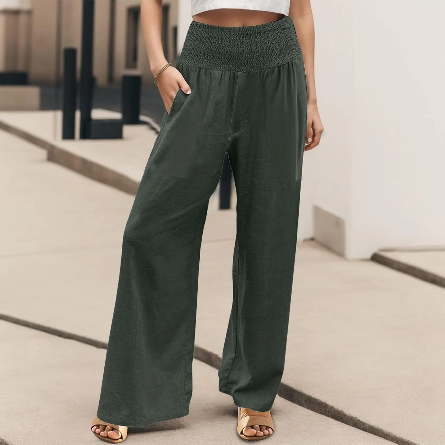 GIERIDUC Women's Wide Leg Palazzo Pants High Elastic Waist Casual Work Pants Summer Beach Flowy Dress Trousers with Pockets
