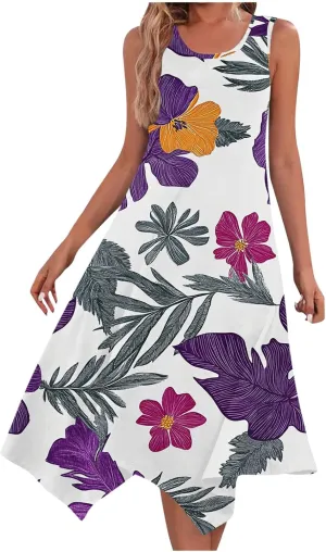 hlysgo Floral Dress for Women 2025 Casual Loose Sleeveless Crew Neck Midi Dresses Summer Boho Beach Sundress for Teen Girls
