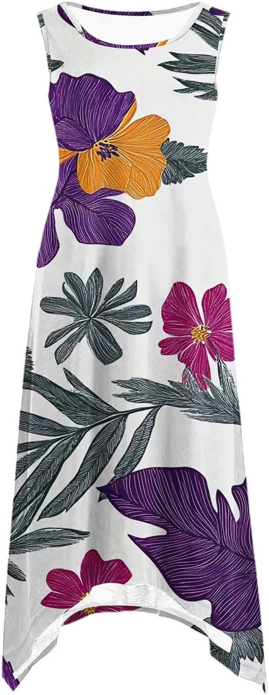 hlysgo Floral Dress for Women 2025 Casual Loose Sleeveless Crew Neck Midi Dresses Summer Boho Beach Sundress for Teen Girls