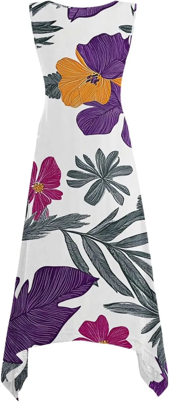 hlysgo Floral Dress for Women 2025 Casual Loose Sleeveless Crew Neck Midi Dresses Summer Boho Beach Sundress for Teen Girls