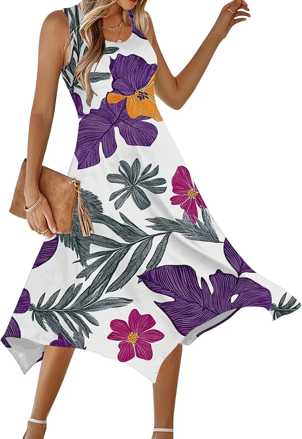 hlysgo Floral Dress for Women 2025 Casual Loose Sleeveless Crew Neck Midi Dresses Summer Boho Beach Sundress for Teen Girls