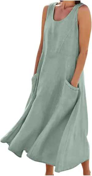 Linen Dress Women for 2025 Sleeveless Round Neck Casual Dress Loose Sun Dresses Beach Vacation Maxi Dress with Pocket