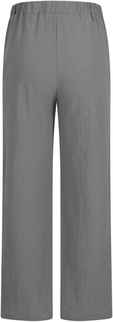 Linen Pants for Women Summer Lightweight Lounge Wide Leg Trousers Drawstring Low Waisted Palazzo Pants with Pockets