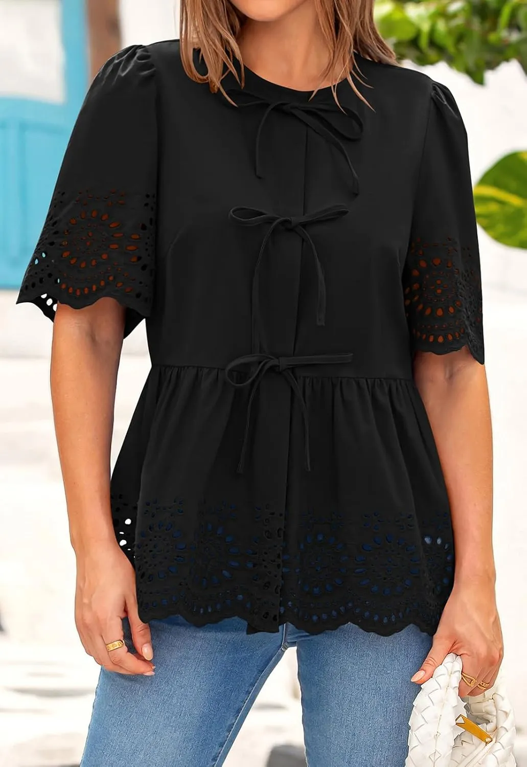 PRETTYGARDEN Tie Front Peplum Tops for Women Summer Y2K Short Sleeve Babydoll Cute Going Out Top Eyelet Blouse Shirt