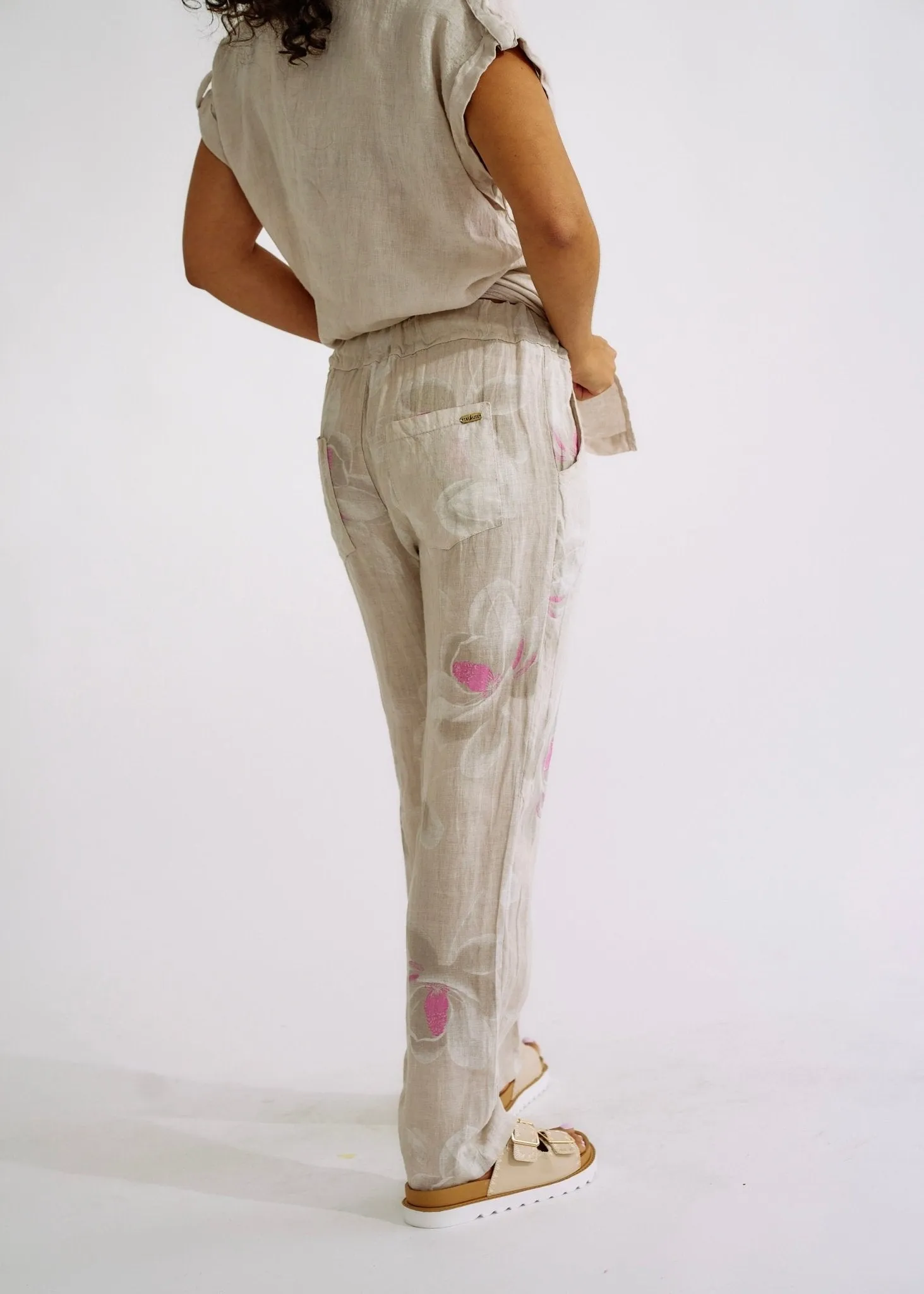Pure Linen Italian Floral Printed Joggers Beige