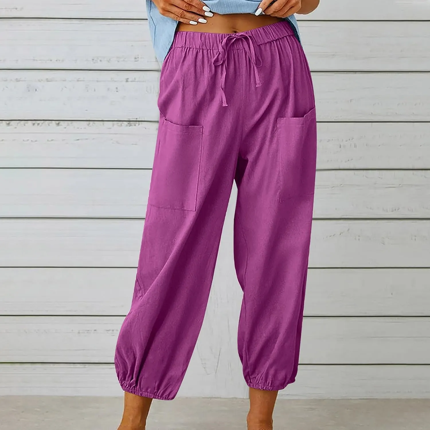 Straight Harem Pants Womens High Waist Relaxed Fit Lantern Trousers Cotton Linen Business Casual Summer Elastic Slacks