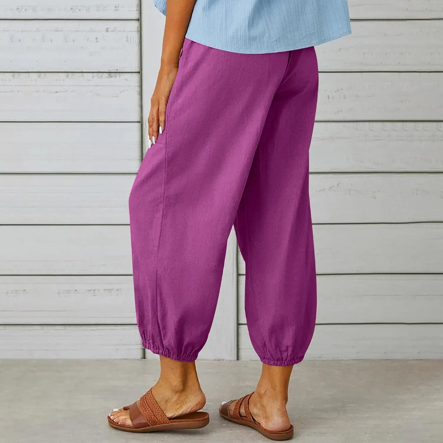 Straight Harem Pants Womens High Waist Relaxed Fit Lantern Trousers Cotton Linen Business Casual Summer Elastic Slacks