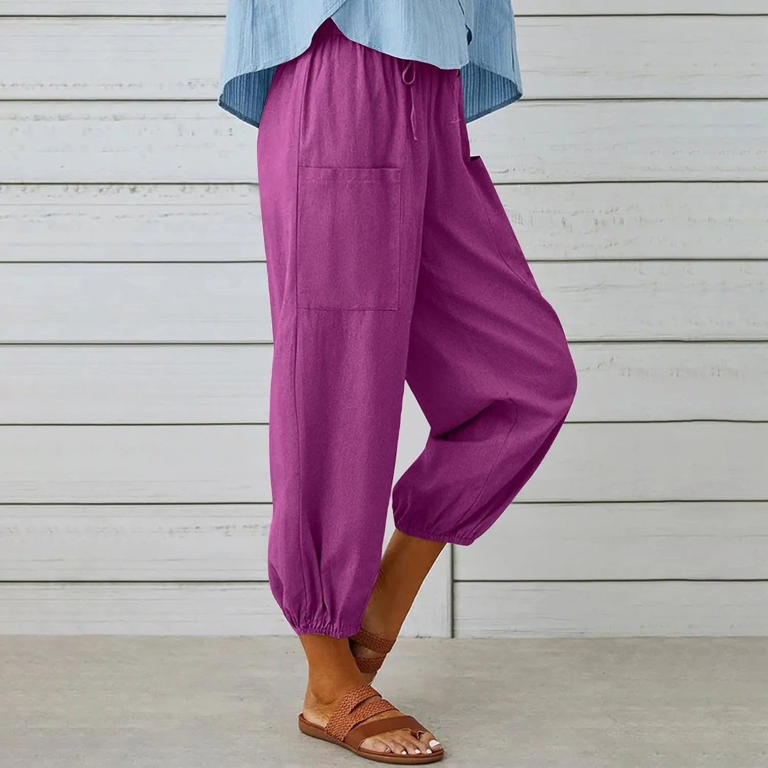 Straight Harem Pants Womens High Waist Relaxed Fit Lantern Trousers Cotton Linen Business Casual Summer Elastic Slacks