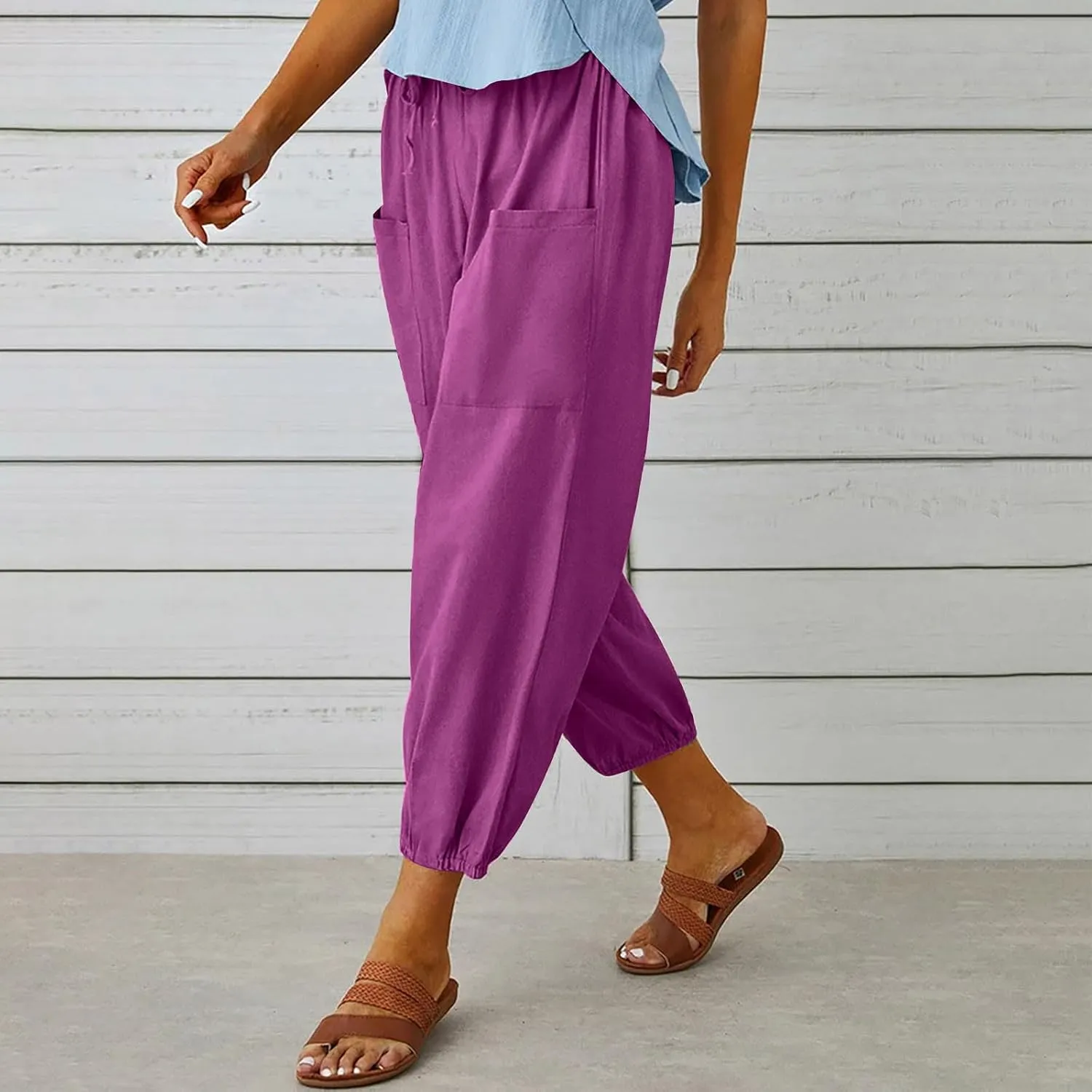 Straight Harem Pants Womens High Waist Relaxed Fit Lantern Trousers Cotton Linen Business Casual Summer Elastic Slacks
