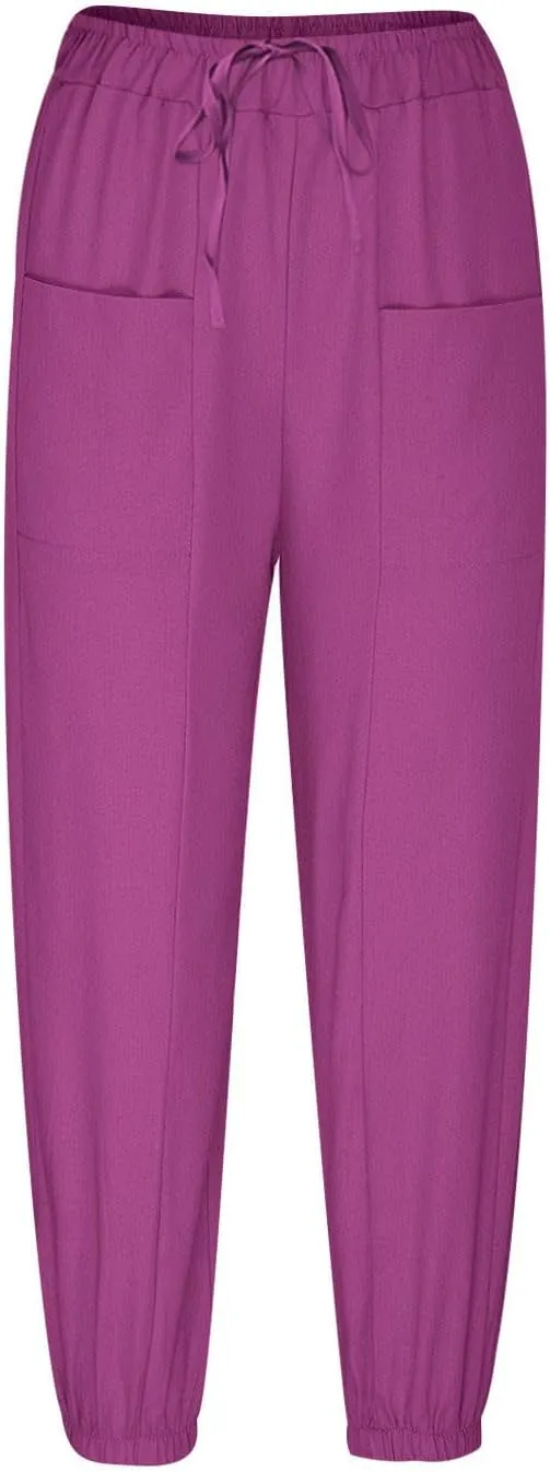 Straight Harem Pants Womens High Waist Relaxed Fit Lantern Trousers Cotton Linen Business Casual Summer Elastic Slacks