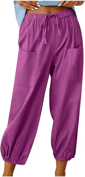 Straight Harem Pants Womens High Waist Relaxed Fit Lantern Trousers Cotton Linen Business Casual Summer Elastic Slacks