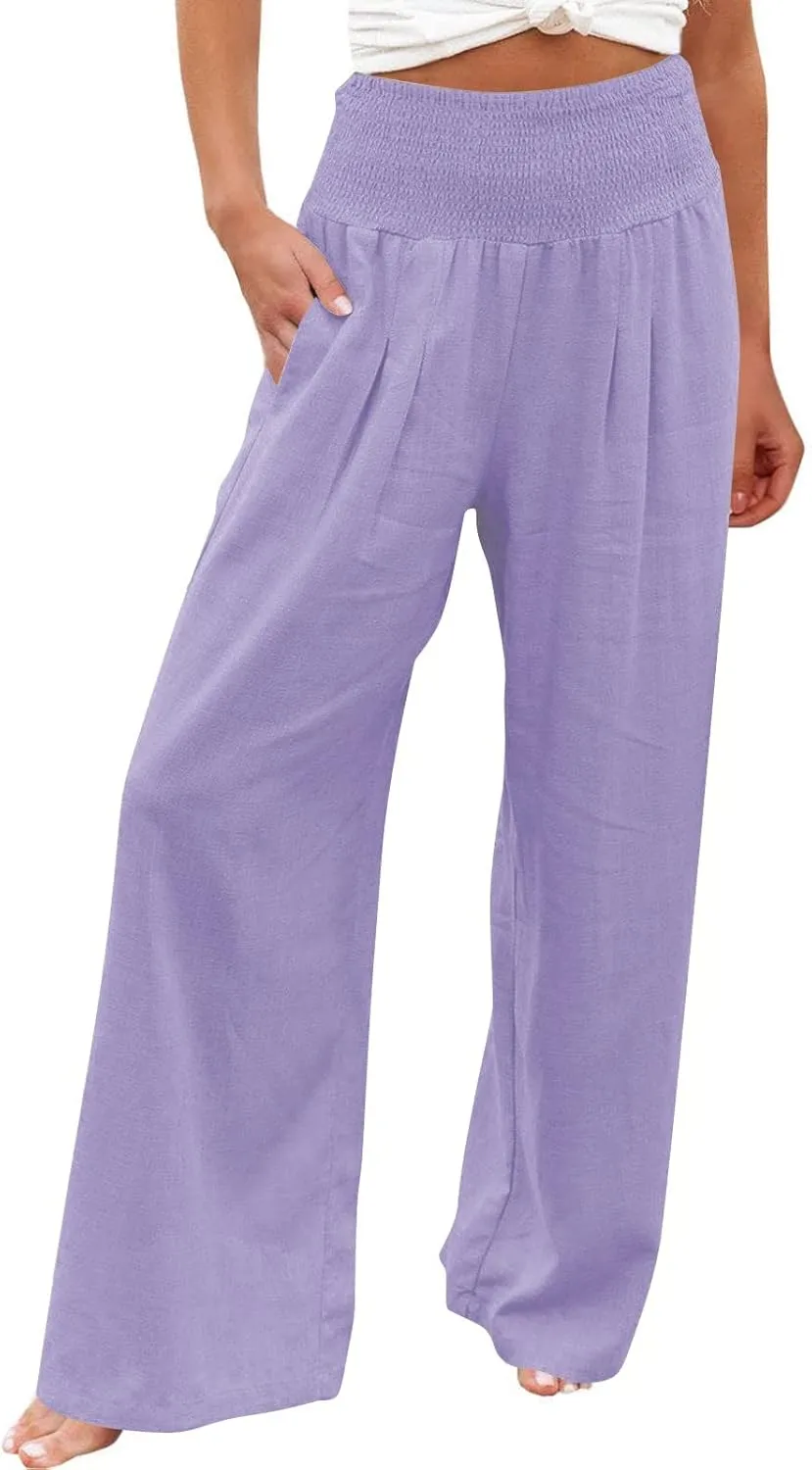 Striped Linen Blend Pants for Women Linen Pants for Women Flowy Wide Leg High Waisted Palazzo Beach Pants Summer