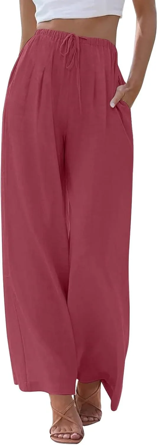 Summer Linen Pants Women Casual Drawstring Elastic Waist Palazzo Pants Flowy Boho Wide Leg Beach Trousers with Pockets