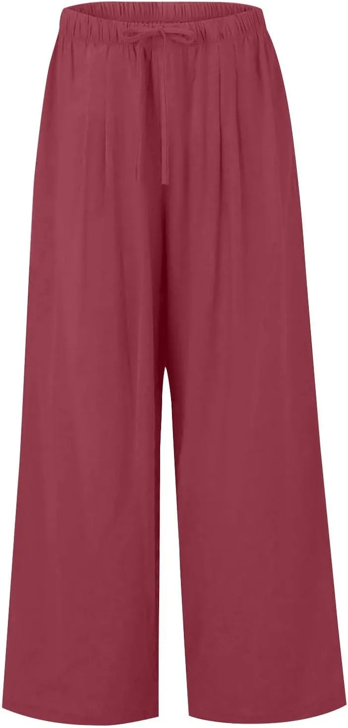 Summer Linen Pants Women Casual Drawstring Elastic Waist Palazzo Pants Flowy Boho Wide Leg Beach Trousers with Pockets