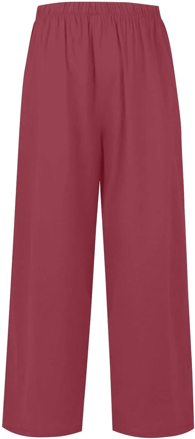 Summer Linen Pants Women Casual Drawstring Elastic Waist Palazzo Pants Flowy Boho Wide Leg Beach Trousers with Pockets