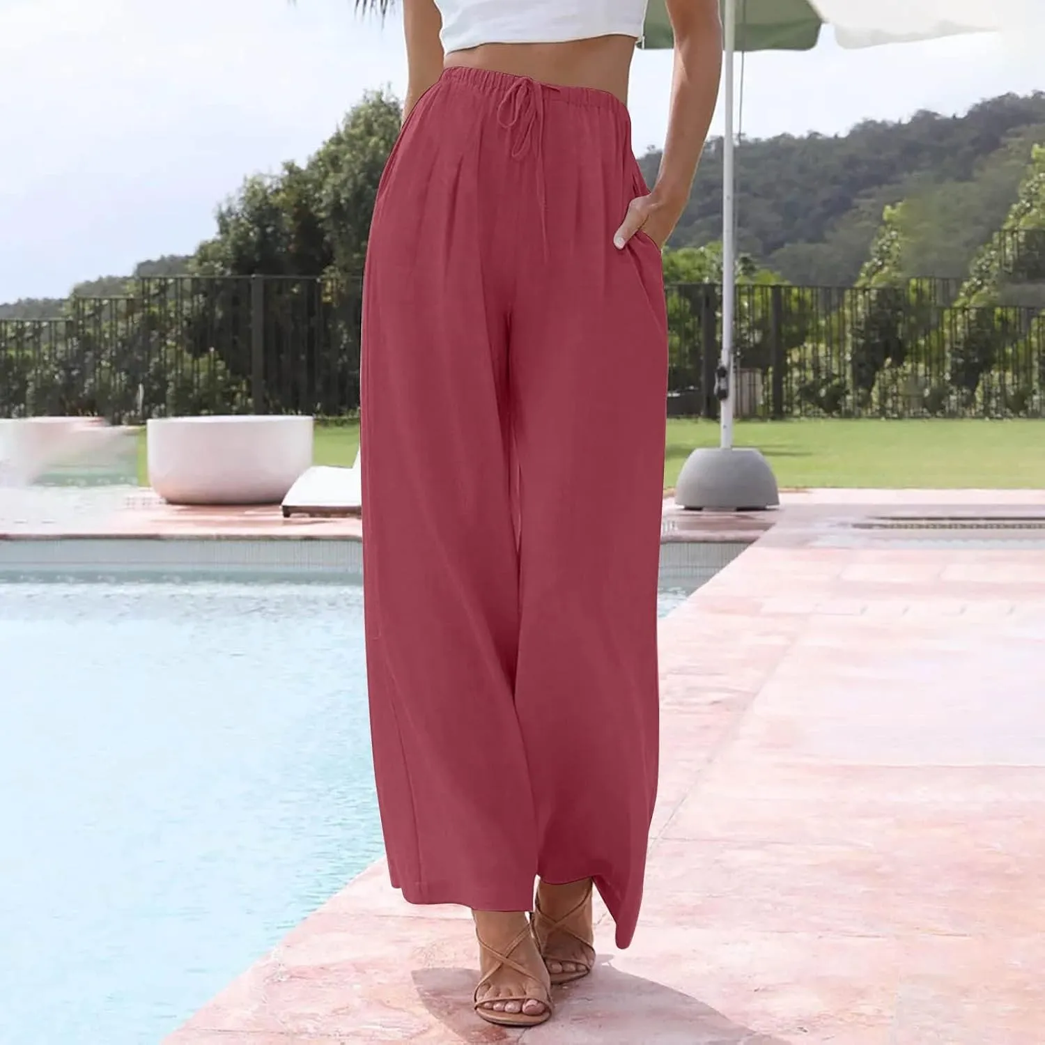 Summer Linen Pants Women Casual Drawstring Elastic Waist Palazzo Pants Flowy Boho Wide Leg Beach Trousers with Pockets