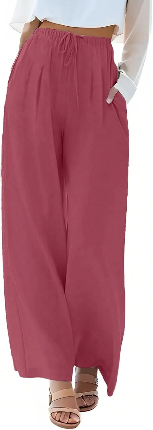 Summer Linen Pants Women Casual Drawstring Elastic Waist Palazzo Pants Flowy Boho Wide Leg Beach Trousers with Pockets
