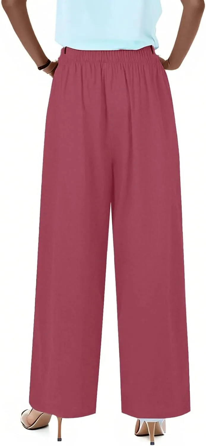 Summer Linen Pants Women Casual Drawstring Elastic Waist Palazzo Pants Flowy Boho Wide Leg Beach Trousers with Pockets