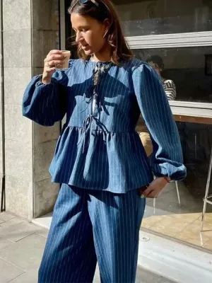 Vintage Striped Casual Long Sleeve Female Shirt Blouse