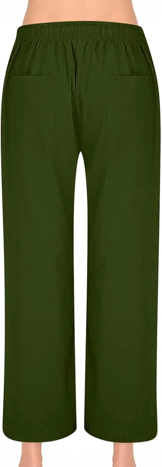 Wide Leg Linen Pants for Women Summer Casual Pants Elastic Waist Trouser Work Palazzo Pant with Pockets (S-2Xl)
