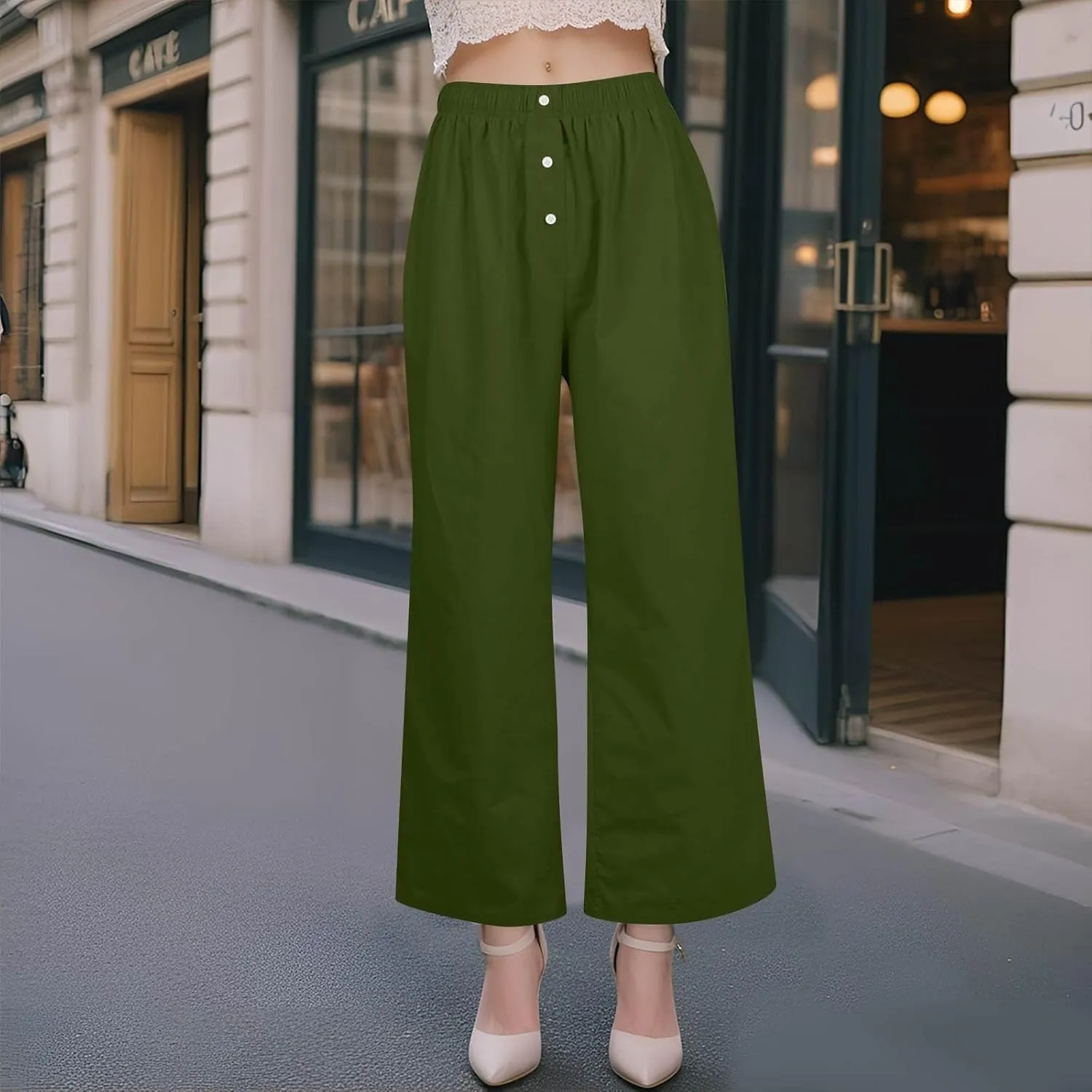 Wide Leg Linen Pants for Women Summer Casual Pants Elastic Waist Trouser Work Palazzo Pant with Pockets (S-2Xl)