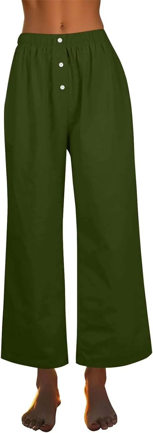 Wide Leg Linen Pants for Women Summer Casual Pants Elastic Waist Trouser Work Palazzo Pant with Pockets (S-2Xl)