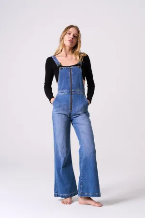 WIDE LEG ULTRA STRETCH OVERALLS WITH CENTER ZIPPER IN MEDIUM VINTAGE  / SP-J4276