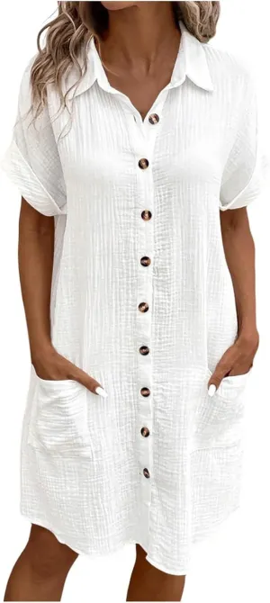 Women Button Down Dress Loose Summer Cotton Linen Dresses Casual Short Sleeve Tunic Dress 2025 Linen Dress Women