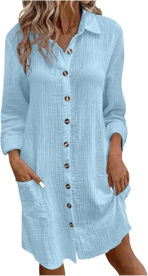 Women Button Down Dress Loose Summer Cotton Linen Dresses Casual Short Sleeve Tunic Dress 2025 Linen Dress Women