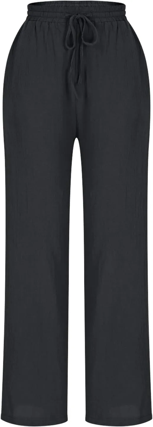 Women Cotton Linen Straight Leg Pants Elastic Drawstring Casual Jogger Trousers with Pockets Summer Beach Lounge Pants