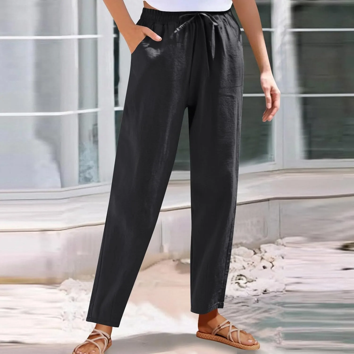 Women Cotton Linen Straight Leg Pants Elastic Drawstring Casual Jogger Trousers with Pockets Summer Beach Lounge Pants