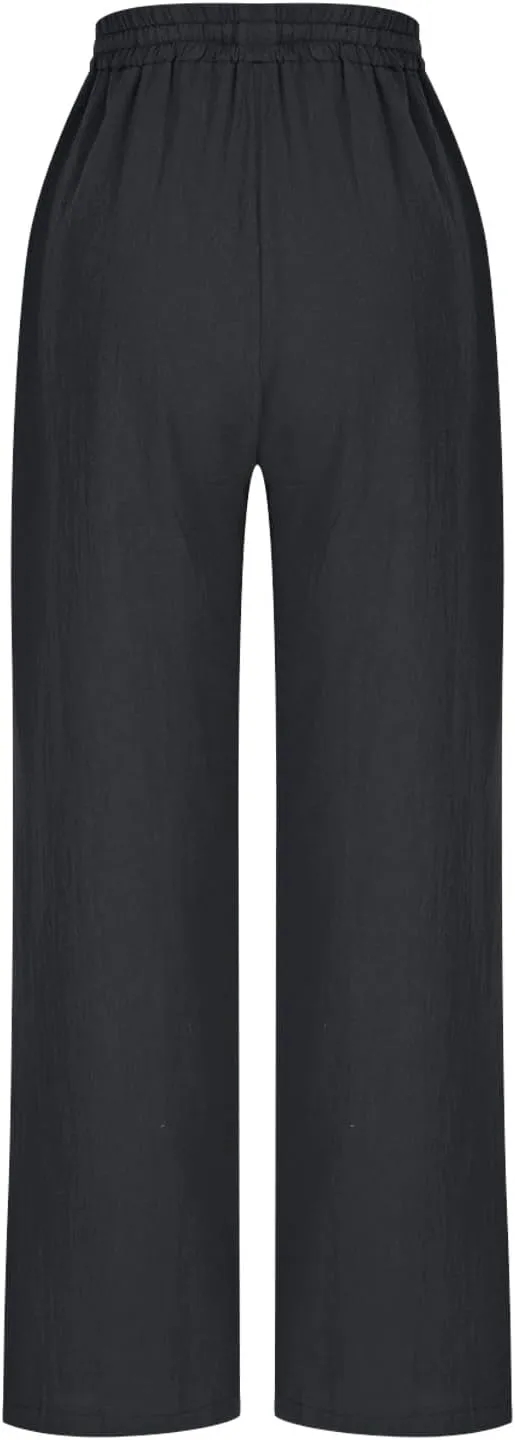 Women Cotton Linen Straight Leg Pants Elastic Drawstring Casual Jogger Trousers with Pockets Summer Beach Lounge Pants