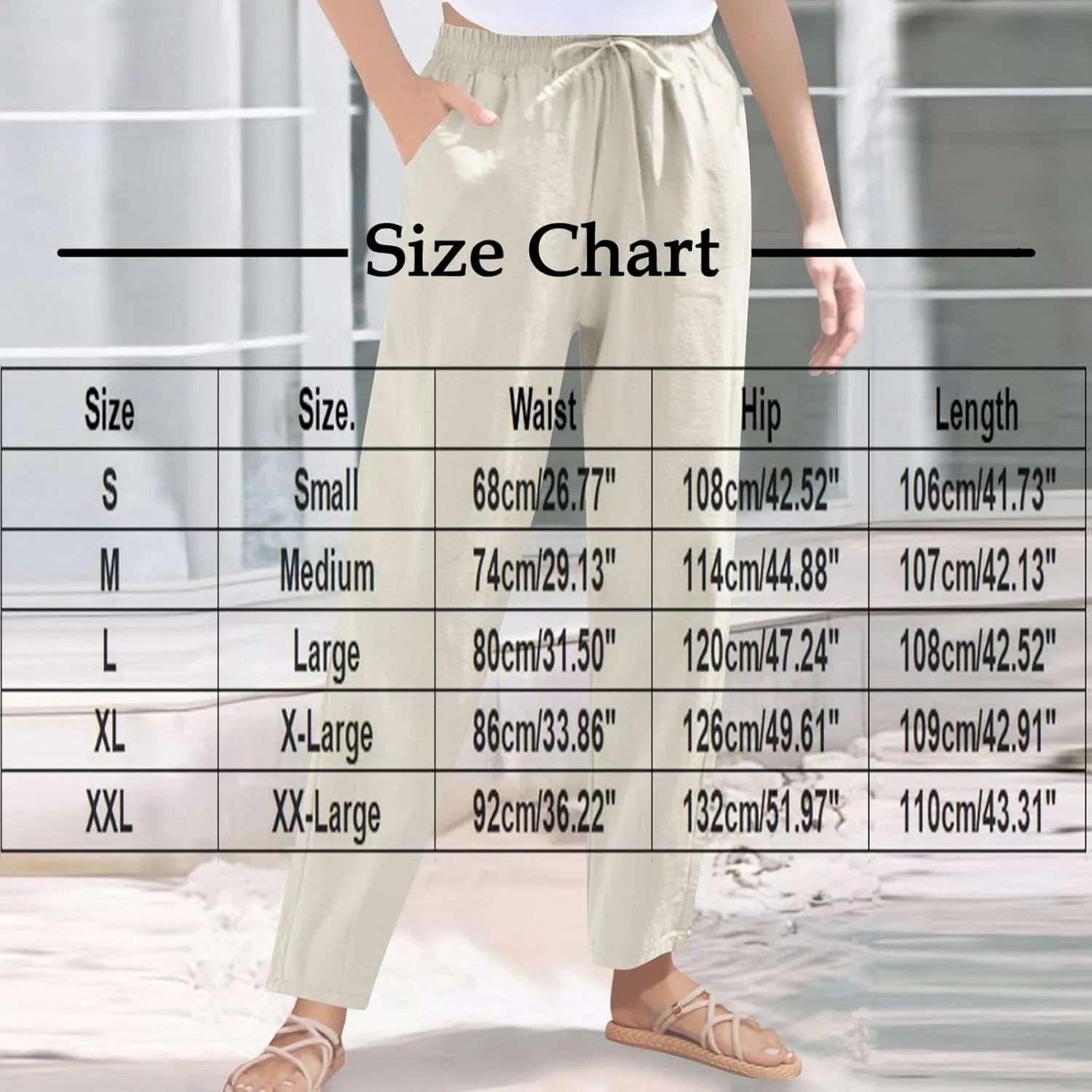 Women Cotton Linen Straight Leg Pants Elastic Drawstring Casual Jogger Trousers with Pockets Summer Beach Lounge Pants