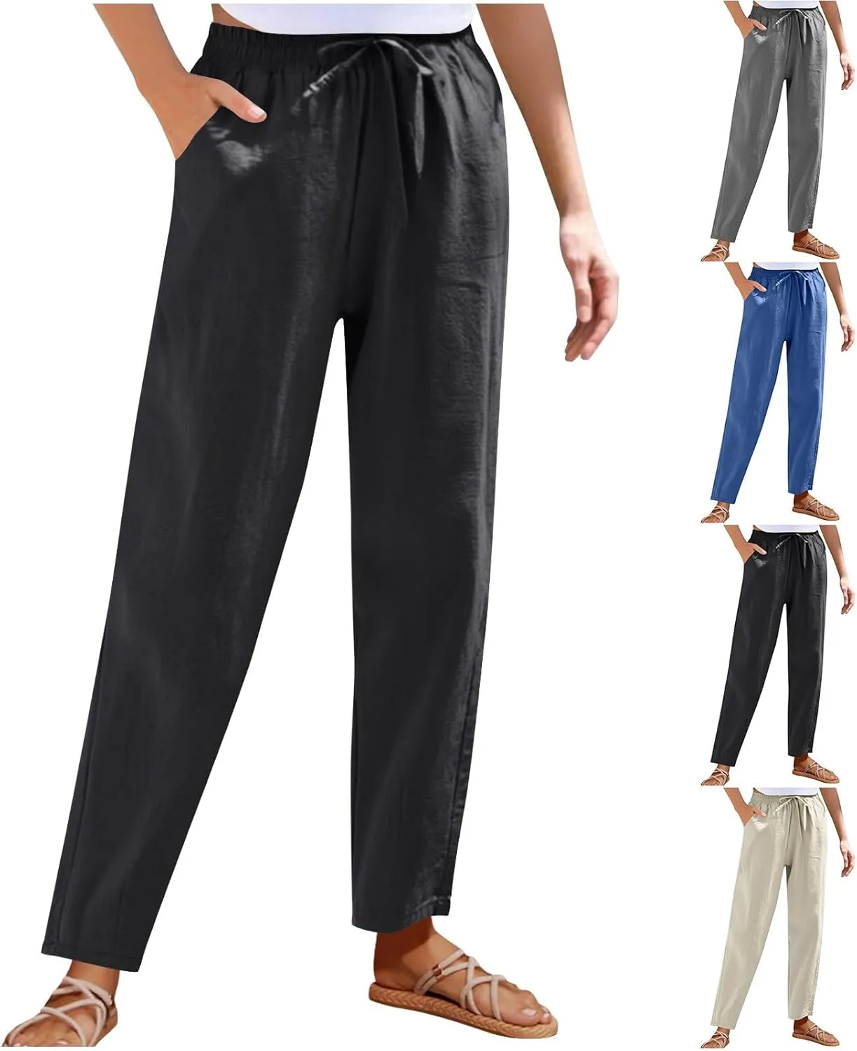 Women Cotton Linen Straight Leg Pants Elastic Drawstring Casual Jogger Trousers with Pockets Summer Beach Lounge Pants