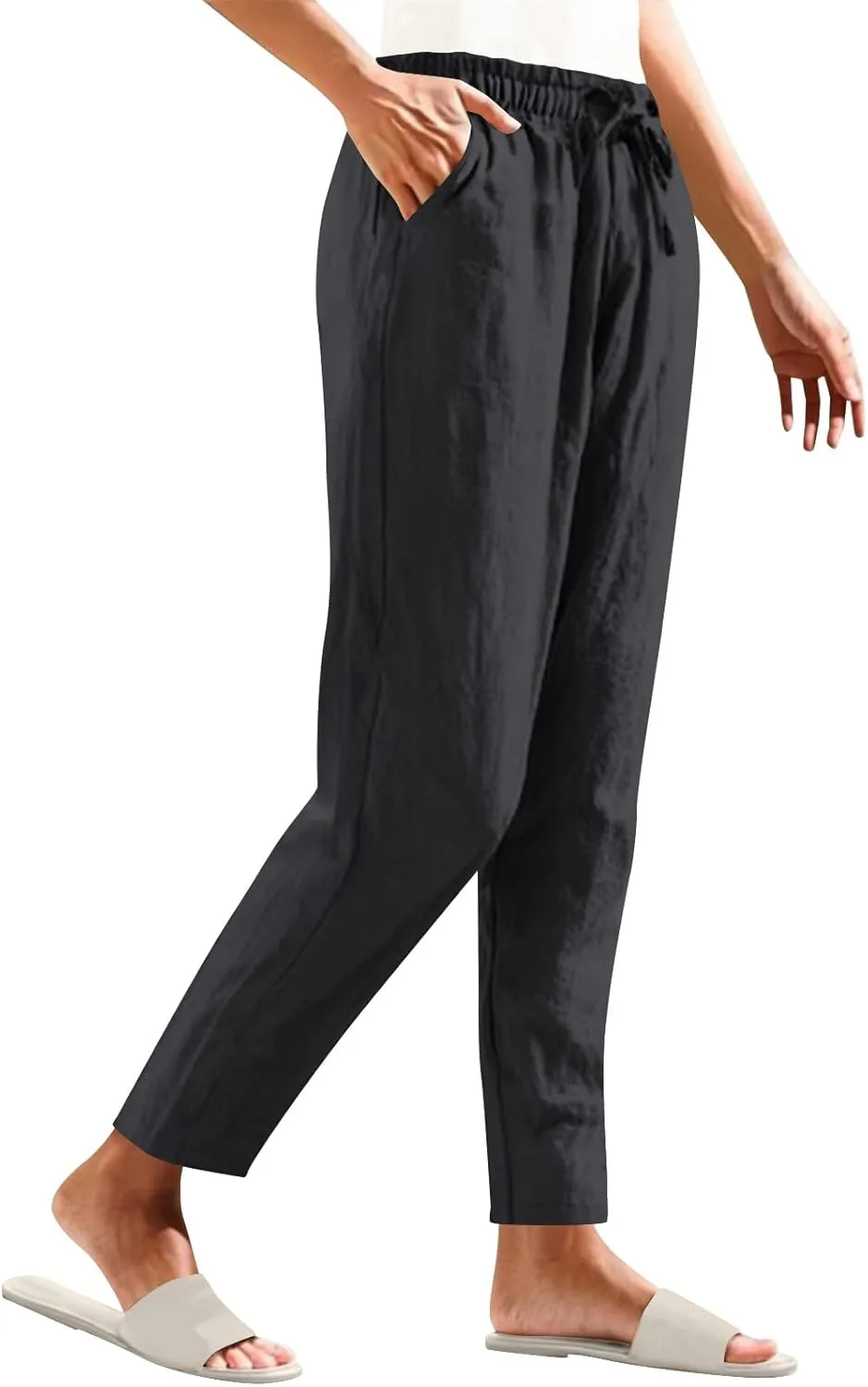 Women Cotton Linen Straight Leg Pants Elastic Drawstring Casual Jogger Trousers with Pockets Summer Beach Lounge Pants